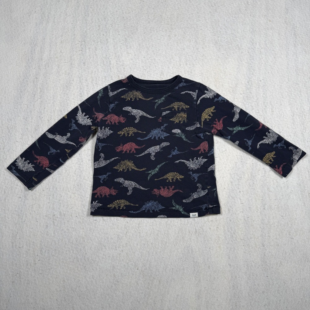Gap Kids Navy Blue Dinosaur Print Long Sleeve Pocket Tee Toddler 3T
